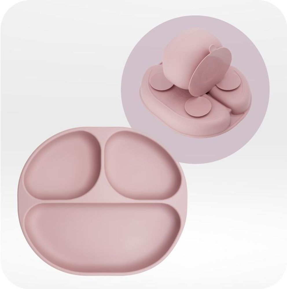 MoMi AMI – 6-teiliges Baby-Geschirrset aus Silikon, BPA- & , mit Buchenholz & Lätzchen, ab 6 Monaten – Rosa