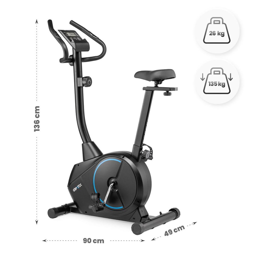 Heimtrainer Maße: Höhe 136 cm, Länge 90 cm, Breite 49 cm. Eigengewicht 26 kg, max. Belastung 135 kg