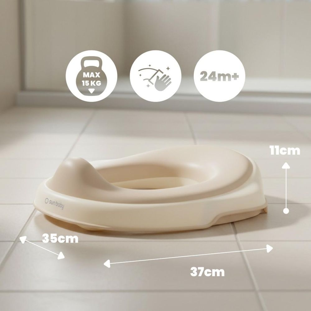 Vista del orinal SUN BABY con dimensiones y detalles de material resaltados.