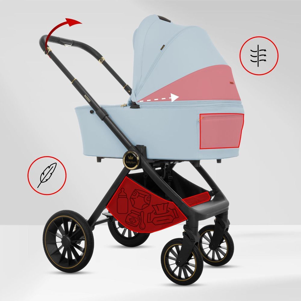 BabyLux® Kinderwagen 3in1 Set ROSSO, Beige Faltbar Leicht Kombikinderwagen Set incl. Babywanne, Buggy Sportsitz, Babyschale i-Size, Wickeltasche