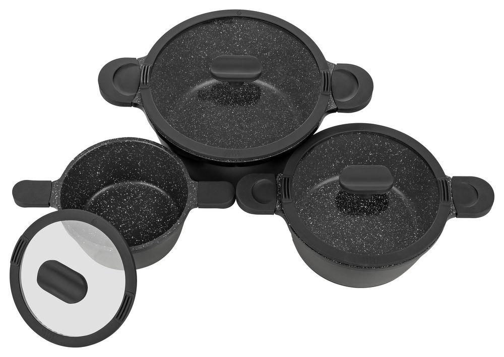 HAPPINESS BLACKLINE Topfset 6tlg., fettarmes und gesundes Kochen, für alle Herdarten geeignet, hochwertige GREBLON Antihaft-Beschichtung