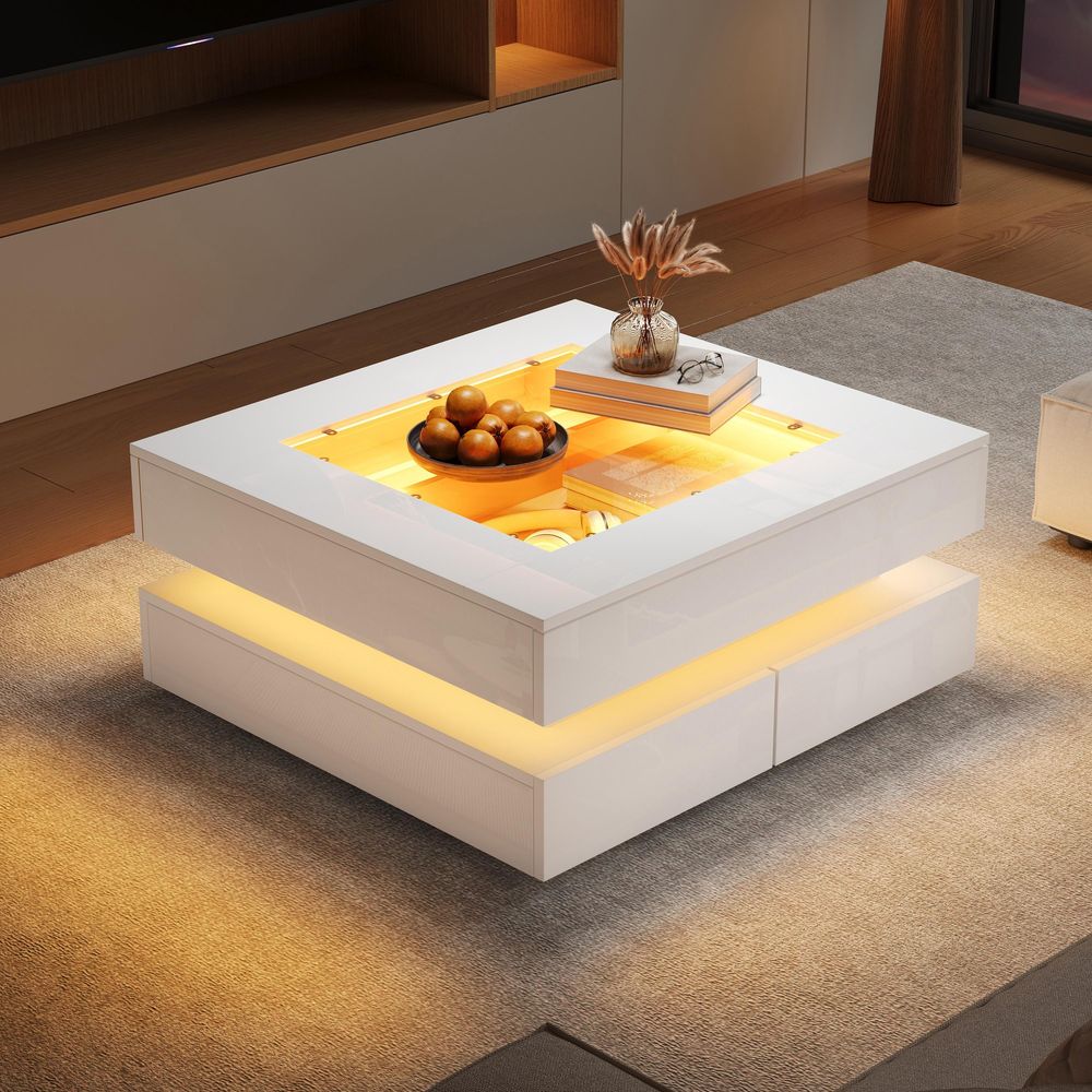 Merax LED-Couchtisch mit Glasplatte, Beistelltisch Wohnzimmertisch mit 3 Schubladen, moderner Sofatisch für kleine Räume, Hochglanz Weiß