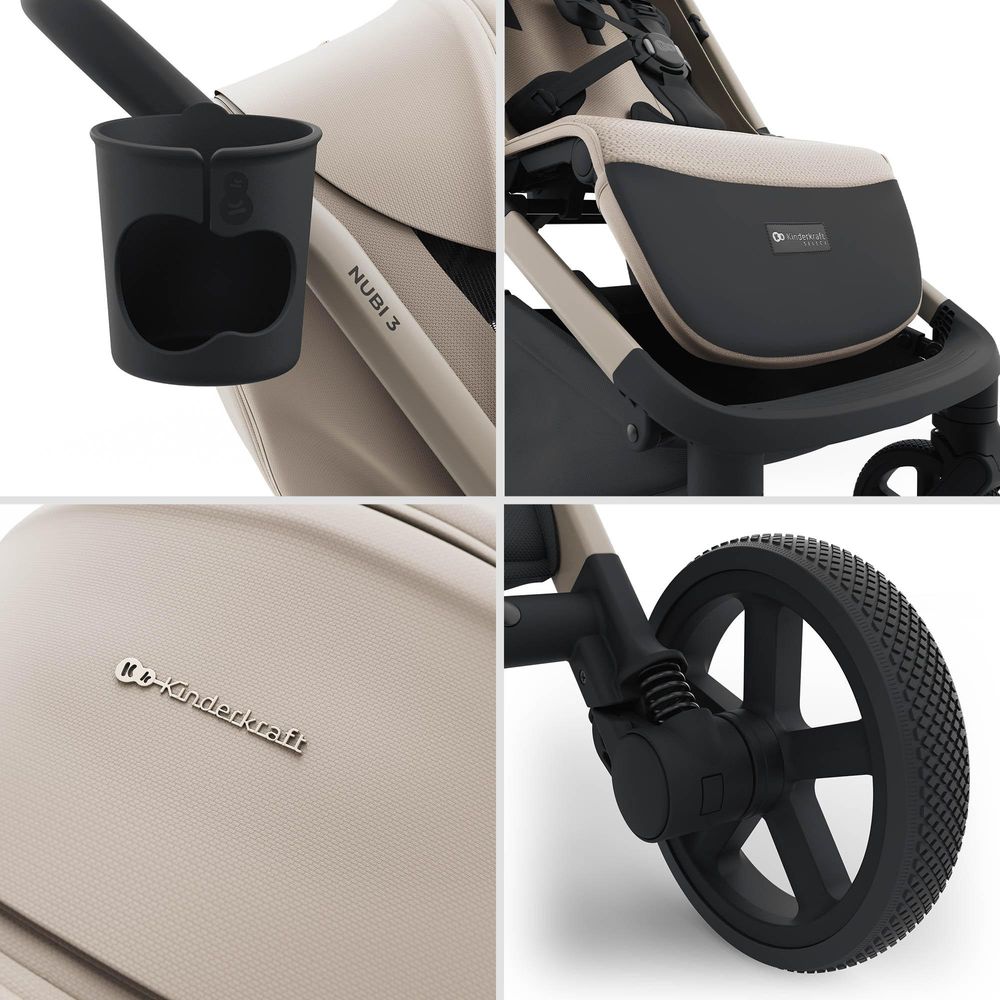 Kinderkraft NUBI 3 Buggy bis 22 kg – automatisch zusammenklappbar, große EVA-Räder, Mesh-Sitz, UPF50+ Verdeck - Beige