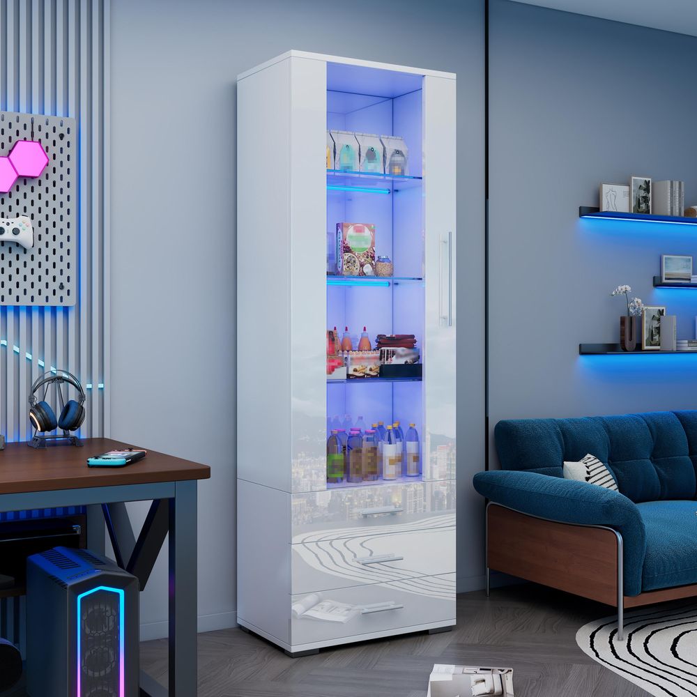 Merax Hochglanz Vitrine 60x35x180cm aus MDF, LED Glasvitrine mit 3 Schubladen, Schrank mit Acrylglastür, Standvitrine Weiß