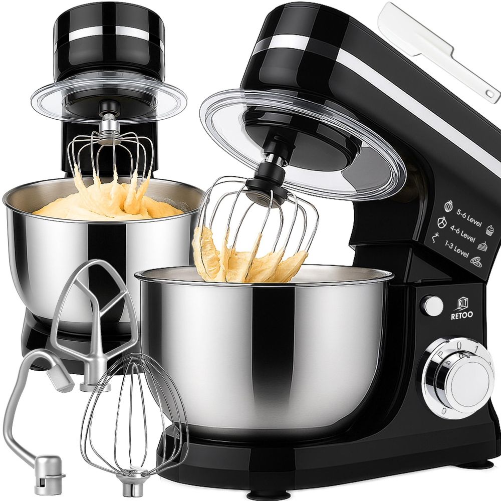 Küchenmaschine 3200W - 6L Edelstahl-Rührschüssel inkl. Rührhaken, Knethaken, Schneebesen und Spritzschutz, 6 Geschwindigkeiten Schwarz, Retoo