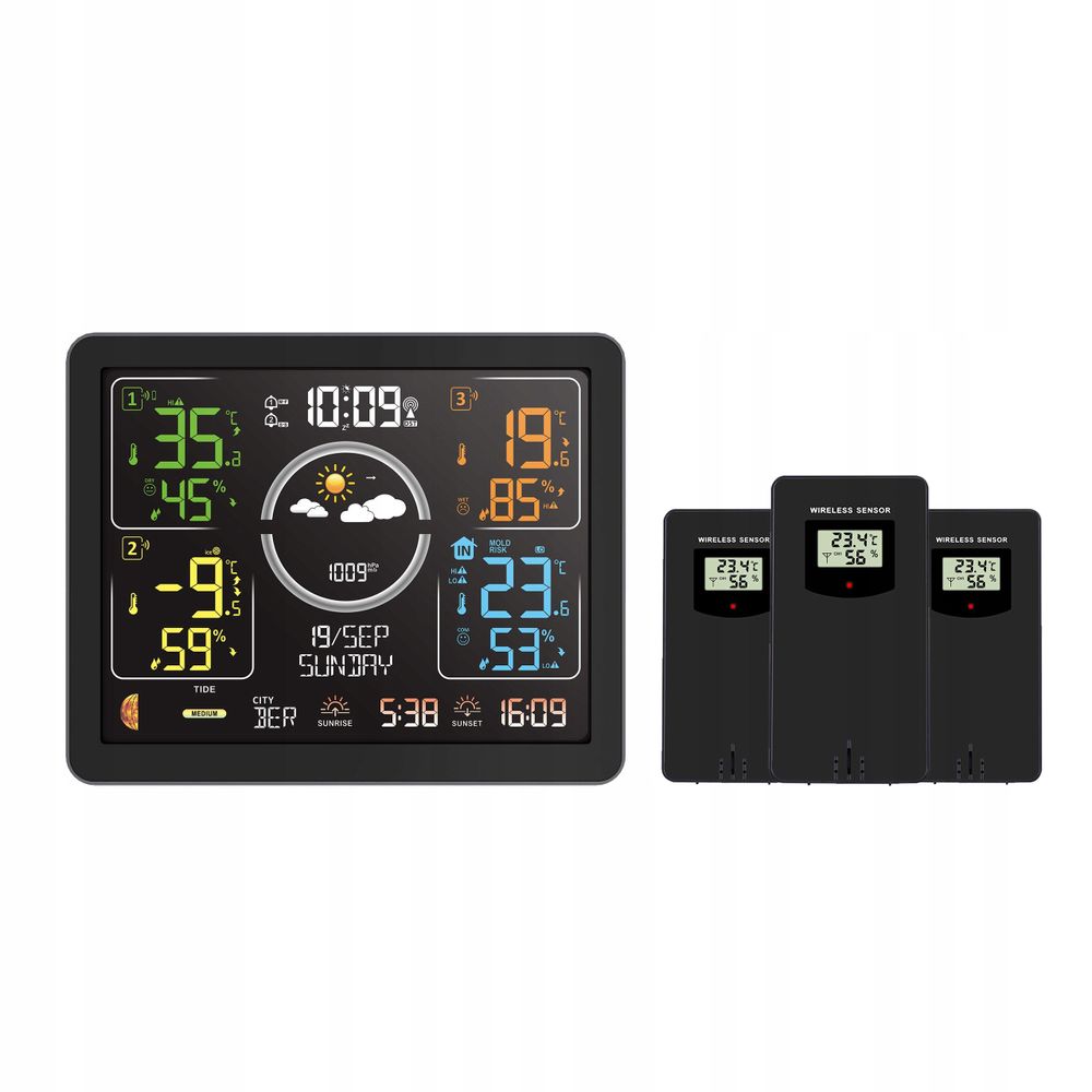 Farbdisplay der METEO SP3001 mit Mondphase und Sonnenzeiten.
