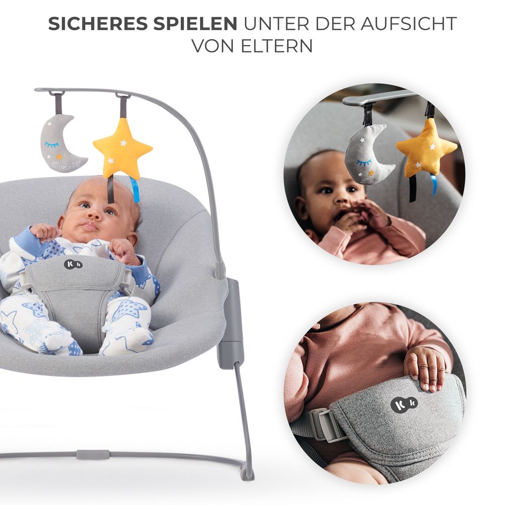 Kinderkraft CALMEE Babyliege - Natürliches Schaukeln - 3-Punkt-Gurt - Leicht & Stabil - Spielbügel - Weicher Sitz - Leicht zu Reinigen - Grau