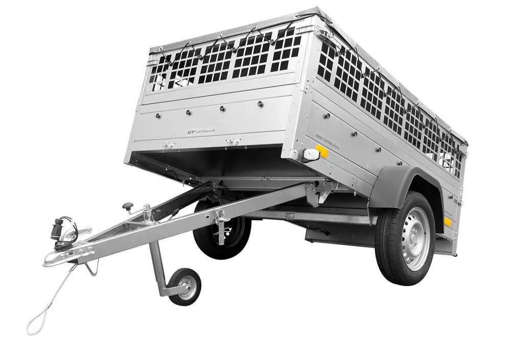 Car trailer GARDEN TRAILER 201 TIPP with mesh side extensions, support wheel and flat tarpaulin