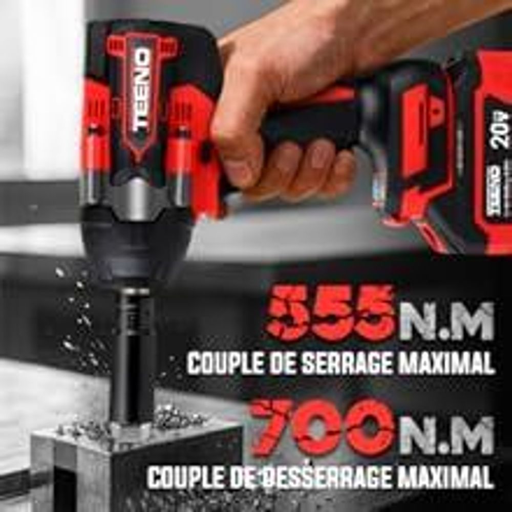 TEENO Clé à Choc Sans Fil 700 Nm 1/2", 20V Brushless avec 2 Batteries 4000mAh, 4 Douilles (17/19/20/21mm), Tête Pivotante 180° & 90°, Chargeur Rapide