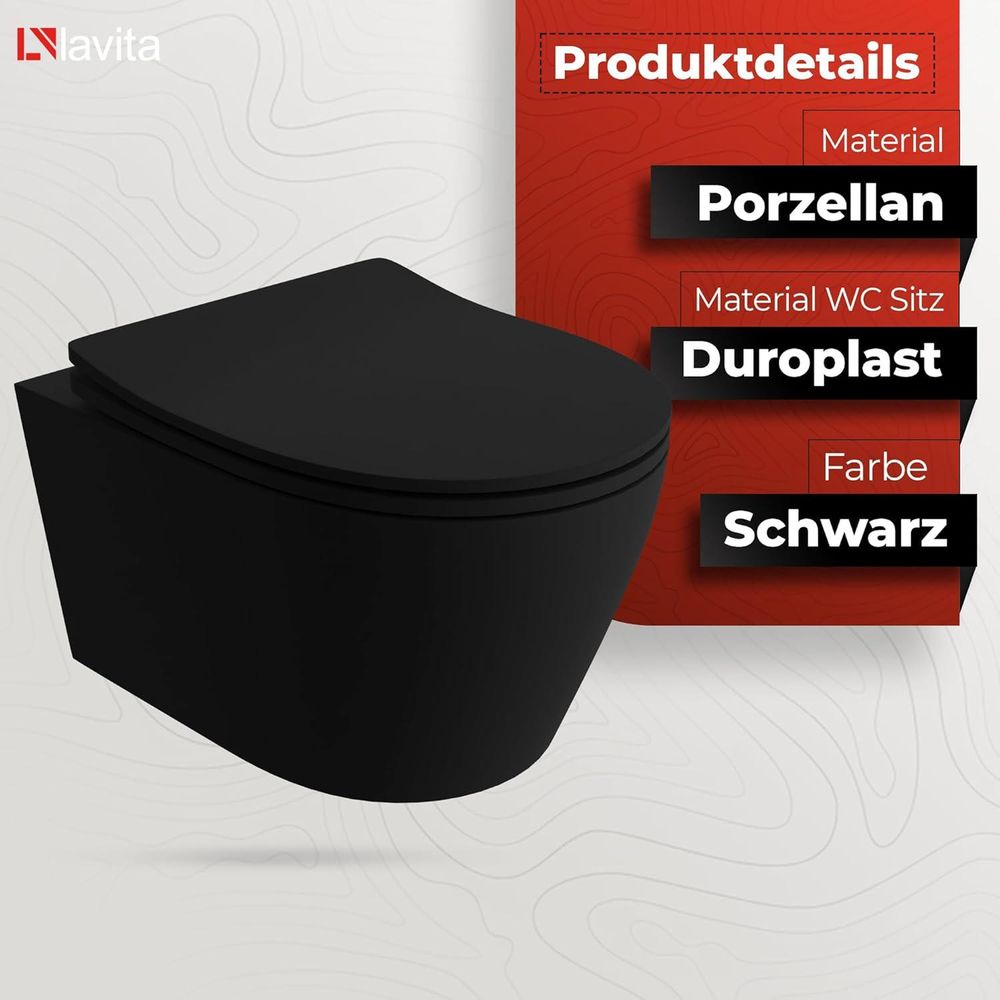 GROHE Vorwandelement Solido + Wand Hänge WC Praia Schwarz Spülrandlos + WC-Sitz SoftClose | Schwarzer Knopf | Komplettset | Unterputz Spülkasten | Toilette Komplett Sett