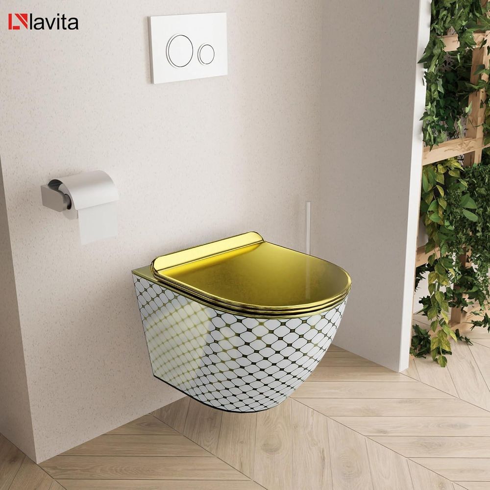 LAVITA Wand-WC Sofi Slim Checked Gold | HŠnge Toilette | Toilettendeckel mit Absenkautomatik & Metallscharniere | Toiletten SpŸlrandlos HŠngend | Toilettenbecken | 365x490x395 cm | Gold/Wei§