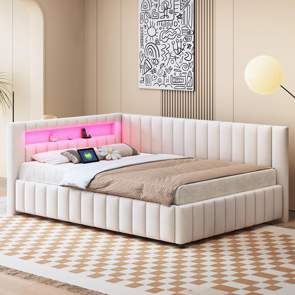 Merax Schlafsofa Tagesbett 140x200cm, L-förmig, Polsterbett mit Samtstoff, USB und LED-Licht, Gästebett Kopfteil und stabilem Bettrahmen, Beige