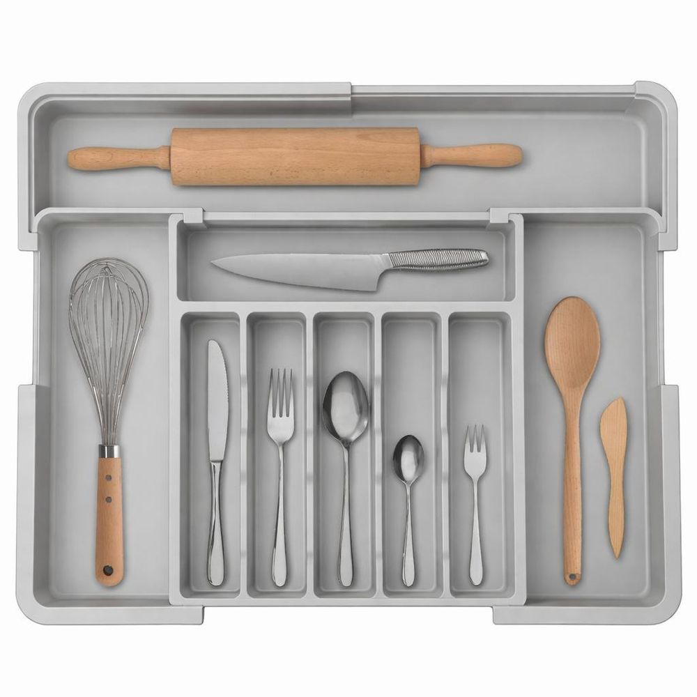 WELLHAUS – Ausziehbare, verstellbare Besteck- und Küchen­schubladen-Organizer – flexibles Raum­wunder für Ihre Küche (Grau, 33 x 37 cm -> 56 x 48 cm)