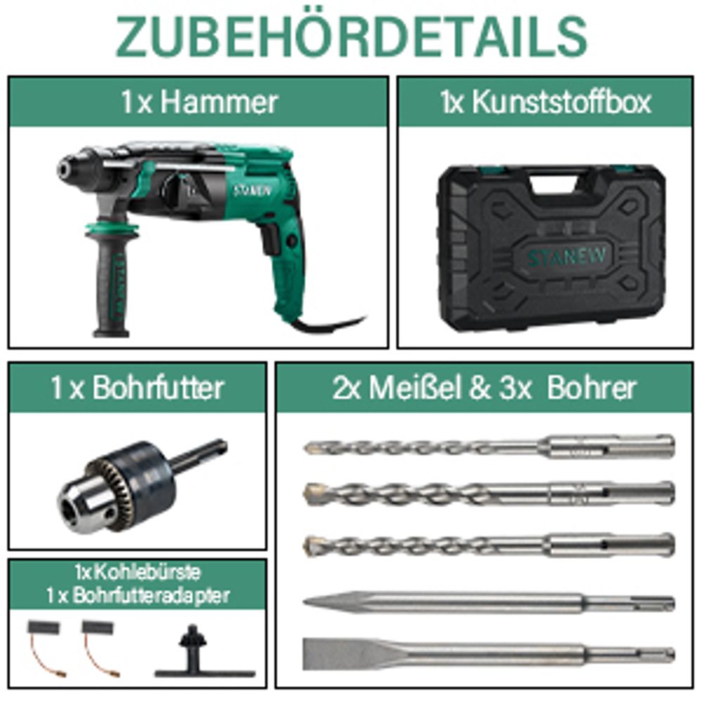 STANEW Bohrhammer 950 W SDS Plus, 0–1150 U/min/5100 BPM, Bohrmaschine mit 4 Funktionen & Sicherheitskupplung, Kabelgebundener Stemmhammer mit variable Geschwindigkeit, Beton, Stahl, Holz