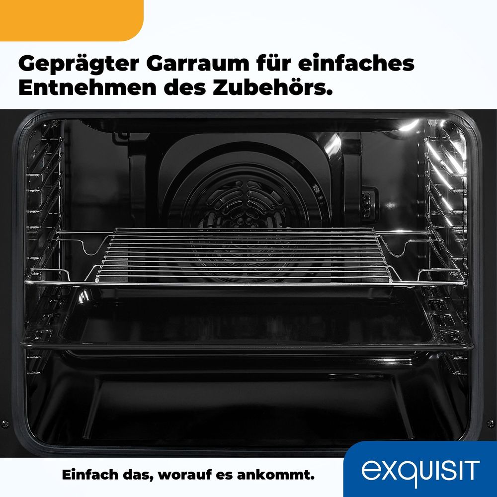 Exquisit EBE 65-1H Einbaubackofen | 58 Liter Backofenvolumen | Heißluft  | Timer | versenkbare Knebel | Edelstahl