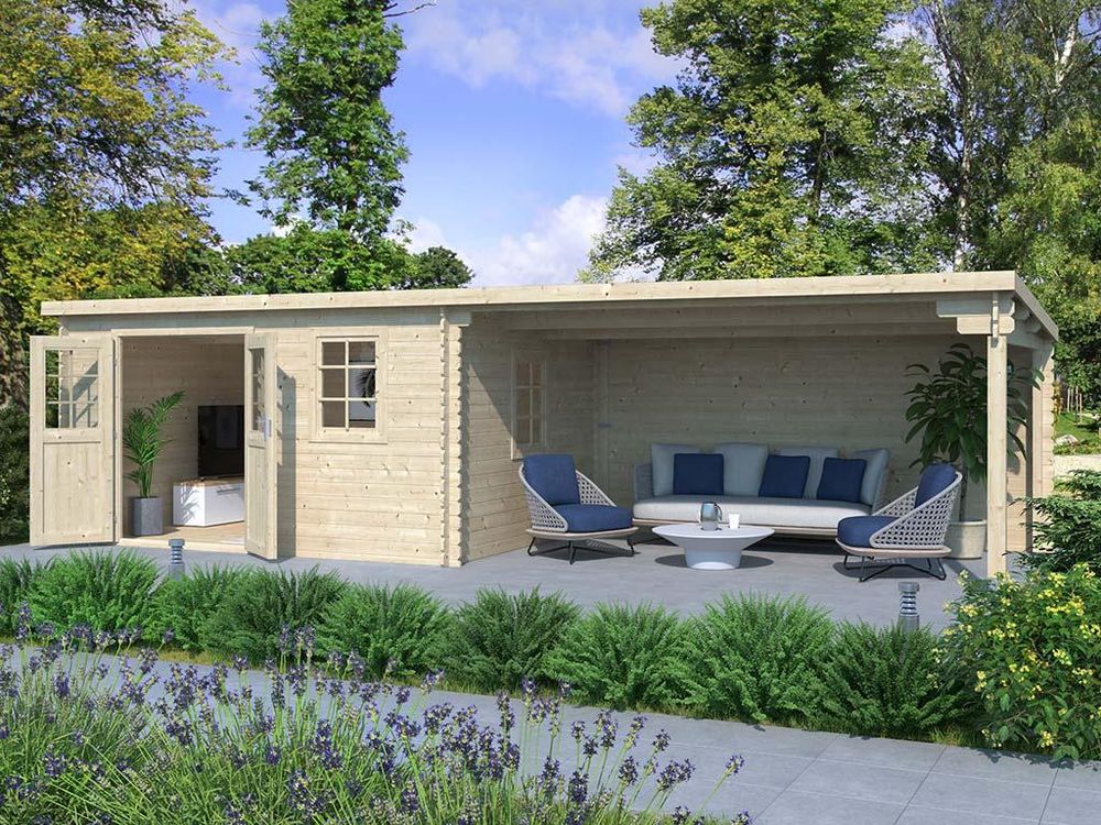 WOODTEX Naturbelassen Gartenhaus Blockbohlenhaus CA2988 28 mm, Gartenhaus mit Anbau 4 m, Blockbohlenhaus aus Fichte, Doppelflügeltür mit Echtglas, Fenster, Sturmleisten, Chalet Verbindung