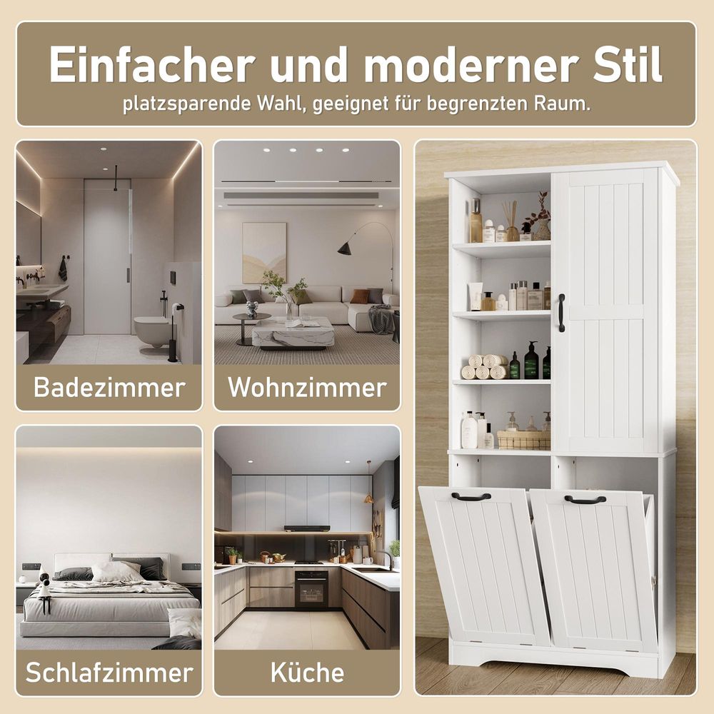 Merax Badezimmerschrank, Hochschrank mit doppeltem Wäschekorb, 4 offene Fächer, Badschrank mit Verstellbar, 78x35x172 cm, Weiß