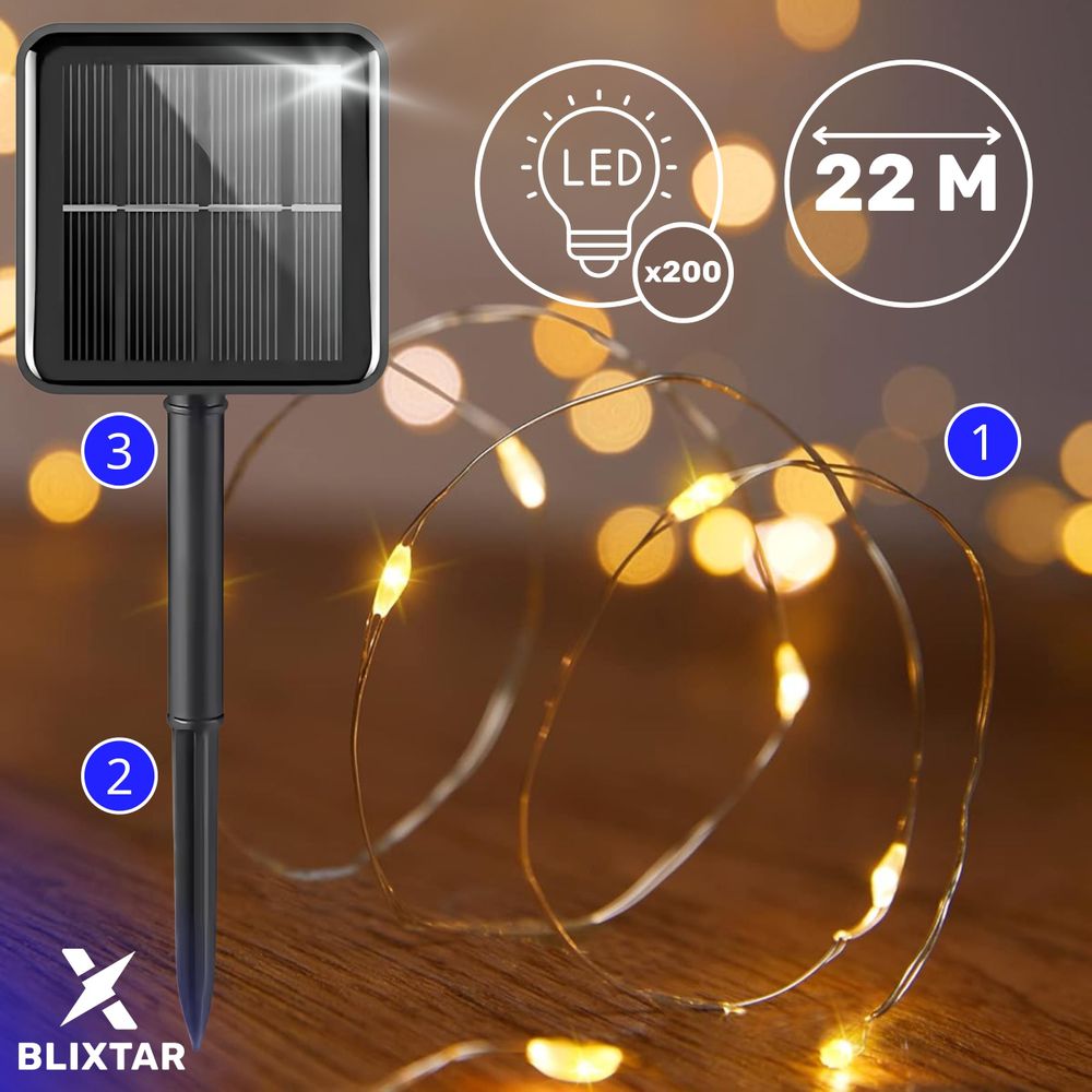 Solar Lichter Garten Draht Girlande 200 LED 22M Weihnachtskette IP65, Lichterkette 8 Beleuchtungsmodi BLIXTAR