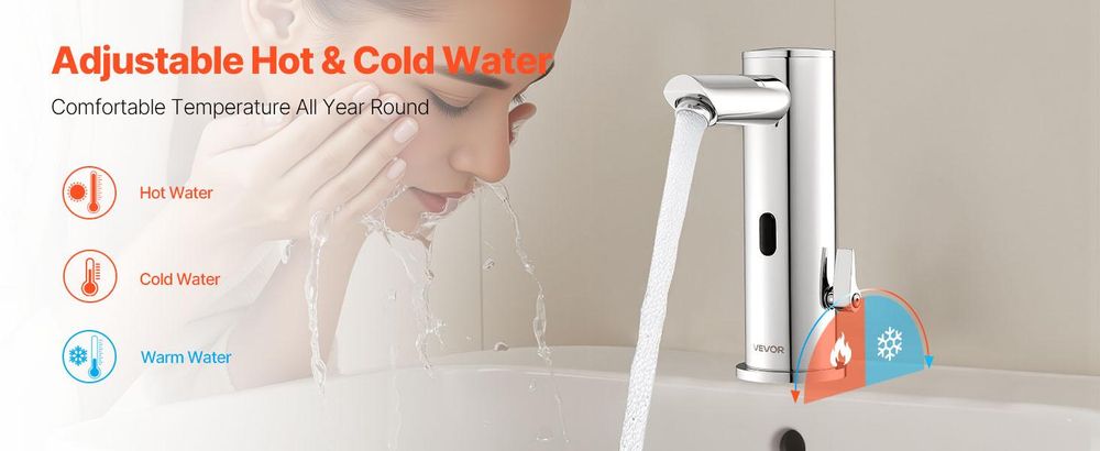 VEVOR Berührungslose Badezimmer-Wasserhahn, Automatischer Bewegungssensor-WC-Wasserhahn mit Lochabdeckplatte, Batteriebetrieben, Einstellbare Temperatur für 9,5 mm Rohr Gewerblicher Waschbecken, Matt Schwarz, Doppelsteuerung-g, T-Form