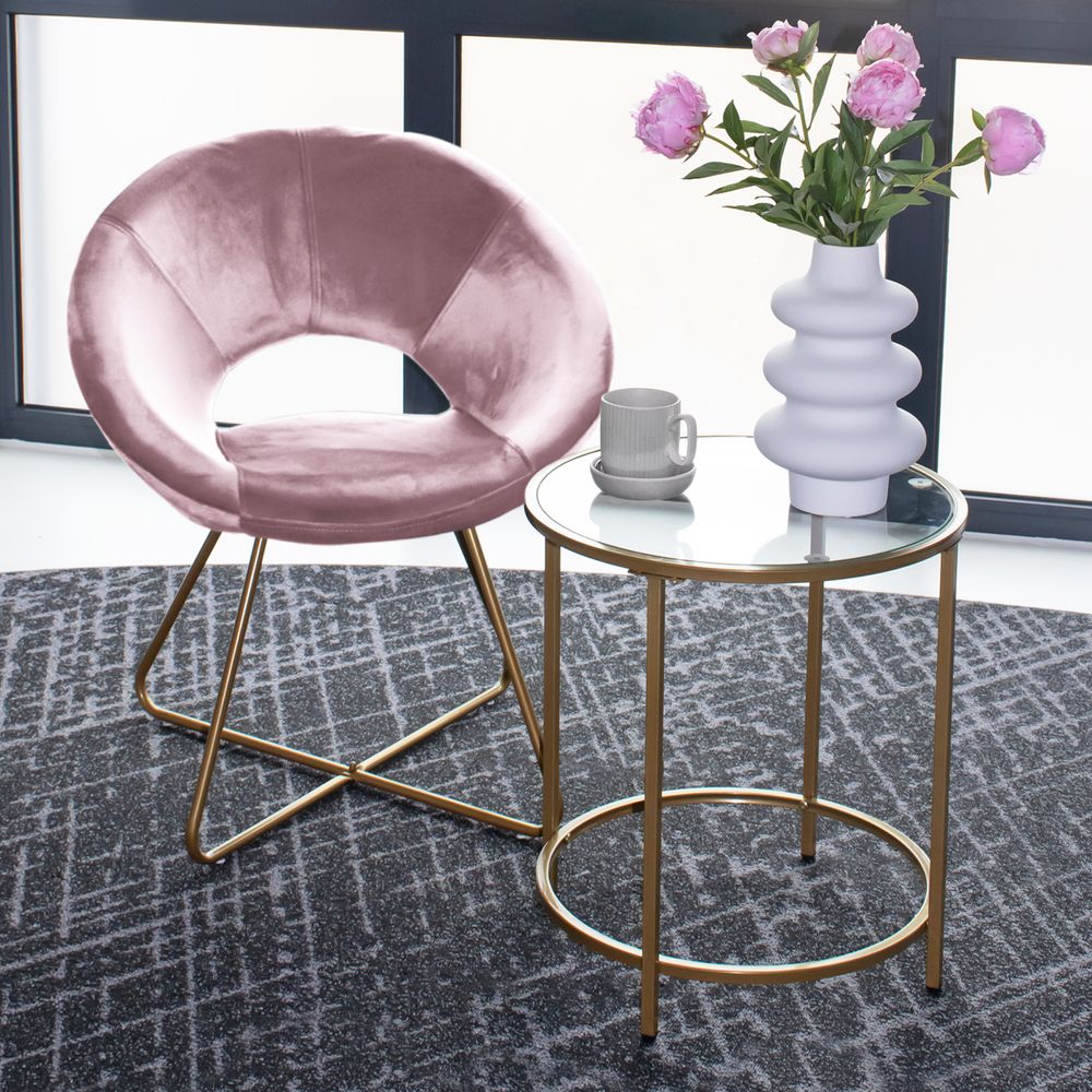 HOME DELUXE - Esszimmerstühle Samt SELESA inkl. Tisch MASEI - Farbe: Rosa, Bezug: Samtstoff, Gestell: Gold, pulverbeschichtet, max. 120 kg I Rundsessel, Küchenstuhl Polsterstuhl