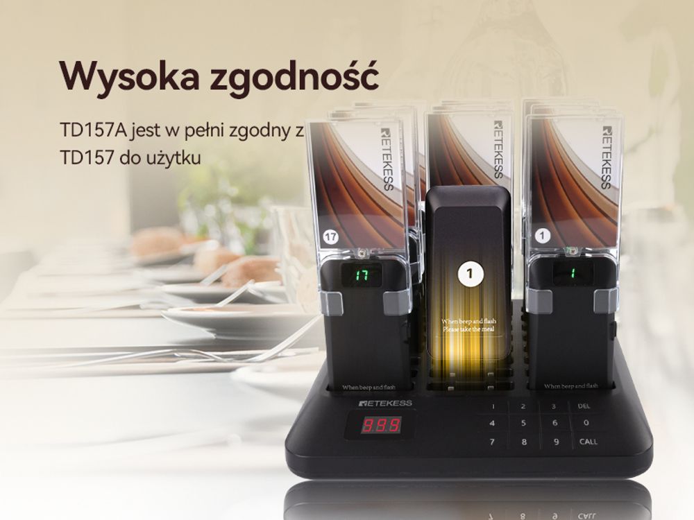 Retekess TD157A System przywoławczy pager, 800M, 39 trybów wywoływania, bateria 300 mAh, wymienny billboard, system przywoławczy dla gastronomii, burgerowni, 24 pagery