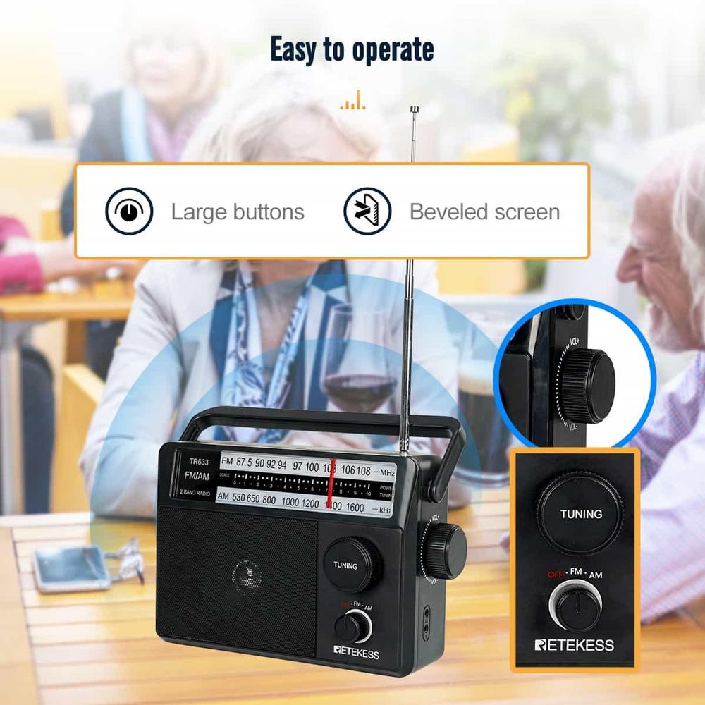 Retekess TR633 Tragbares Radio, Kofferradio mit AM FM, Netze und Batterie, Kopfhörerbuchse, Großer Lautsprecher, Geschenke für ältere Menschen