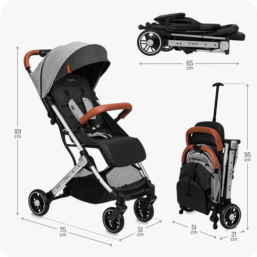 MoMi ESTELLE LIGHT Buggy Kinderwagen - Leicht, Stoßdämpfung 4 Räder, Koffer - Grau/Silber
