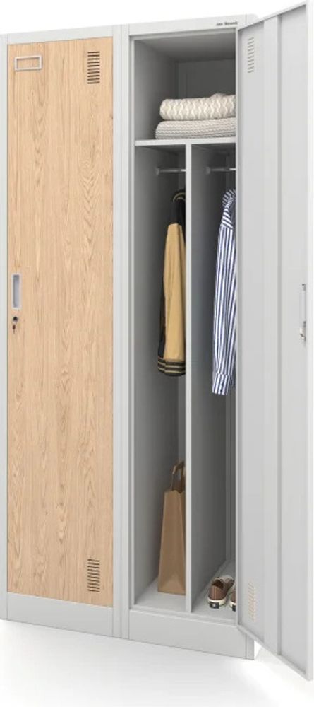 Stahlspind Garderobenschrank Spind Kleiderspind Doppelspind 2 Abteile Flügeltüren Trennwand Pulverbeschichtung 180 cm x 80 cm x 50 cm (H x B x T) Farbe: Weiß-Holzoptik