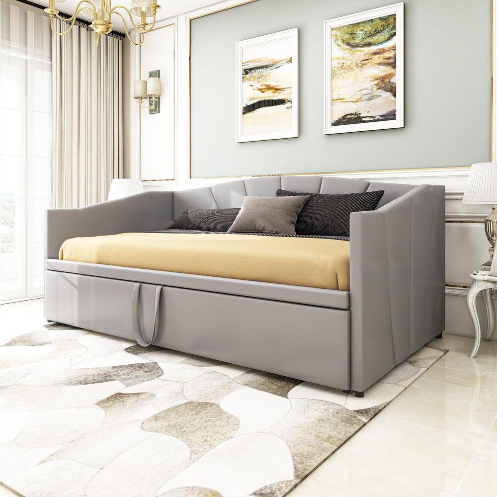 Merax Tagesbett 90x200cm/180x200cm Ausziehbett, Erweiterbares Schlafsofa mit Lattenrost und Armlehnen, Samt Polsterbett Kinderbett Sofabett, Grau