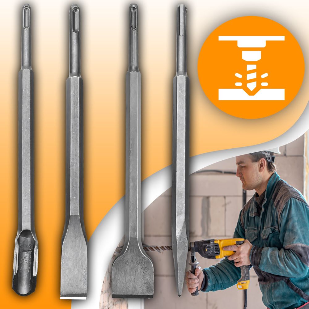 SDS-Plus Meißel-Set 4-teilig, inklusive Spitzmeißel, Flachmeißel & Breitmeißel, Rrgonomisch, Rutschfest, für präzises Meißeln & Demolieren 25 cm Retoo