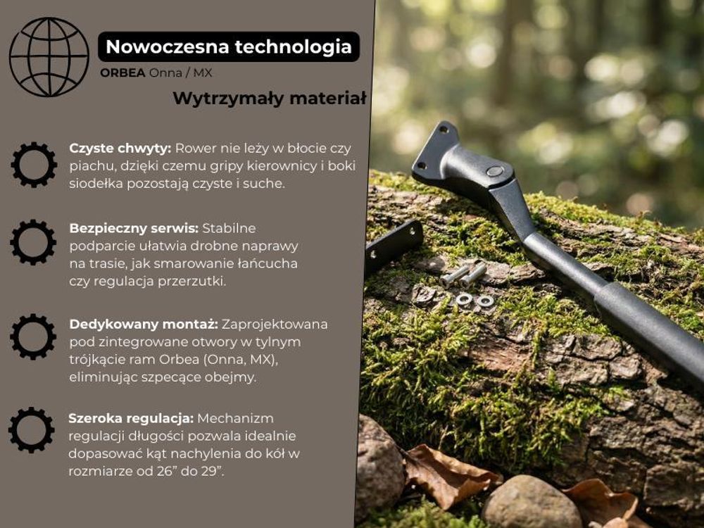 Podpórka Orbea do Onna i MX – dedykowana stopka z adapterem tylnego trójkąta, komplet montażowy, czarna