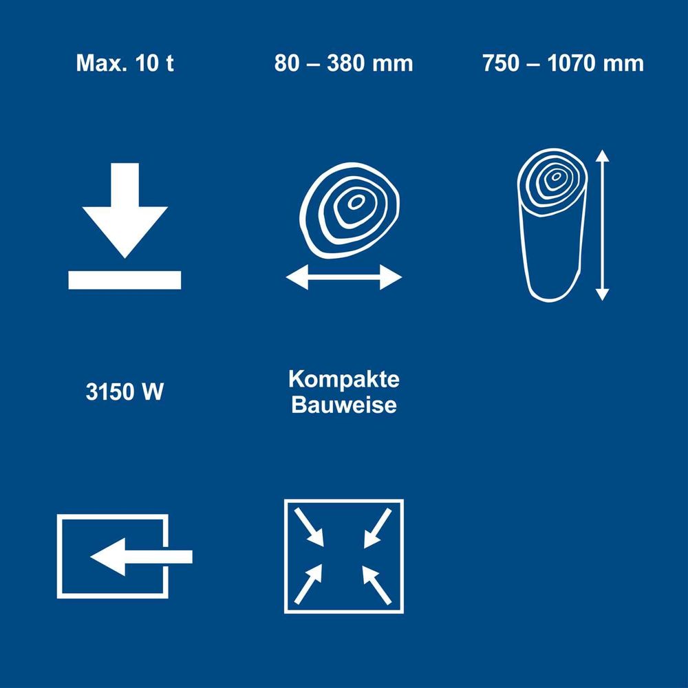 Das Bild zeigt verschiedene Merkmale des Holzspalters Compact 10t auf.