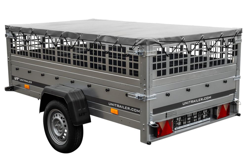 PKW-Ahänger 230x125 UNITRAILER GARDEN 230 KIPP mit Gitteraufsatz und grauer Plane