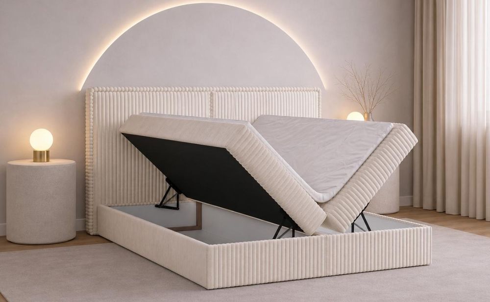 MOEBLO Boxspringbett Bett 04 – Boxspringbett aus Cord, Polsterbett Kontinentalbett Doppelbett mit Bonell-Matratze, Topper und Bettkasten (gepolstertes Kopfteil, Boxspring) - 160 x 200 - Ambience 02 Creme