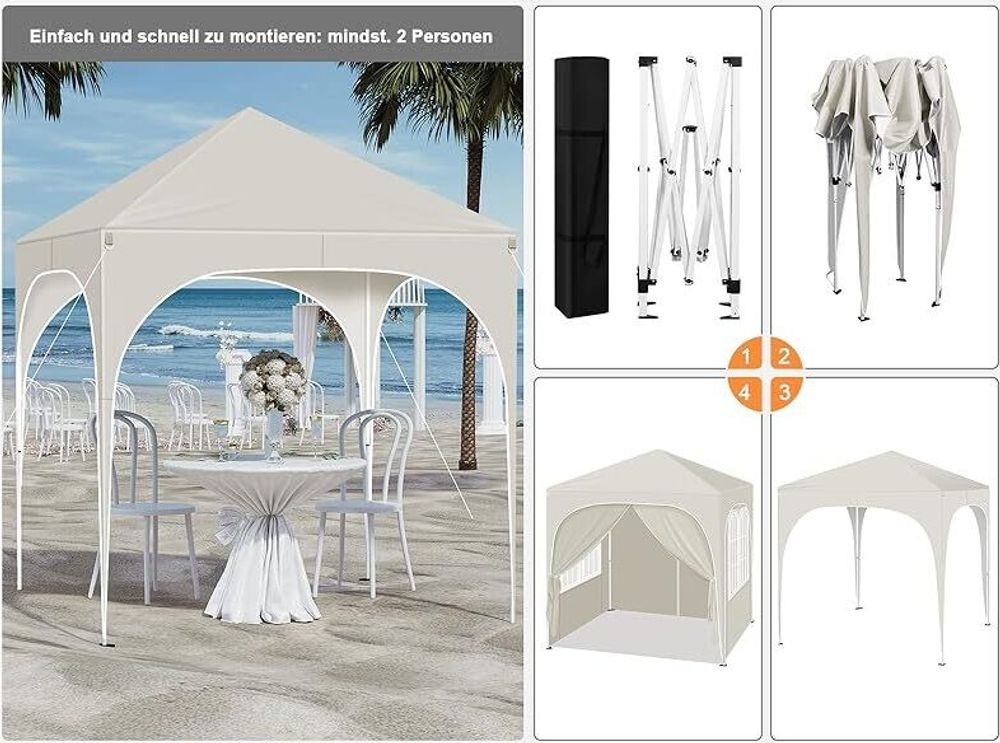 WOLTU Pavillon, Faltpavillon 2x2 m, mit 4 Seitenwänden, Partyzelt höhenverstellbar, Beige