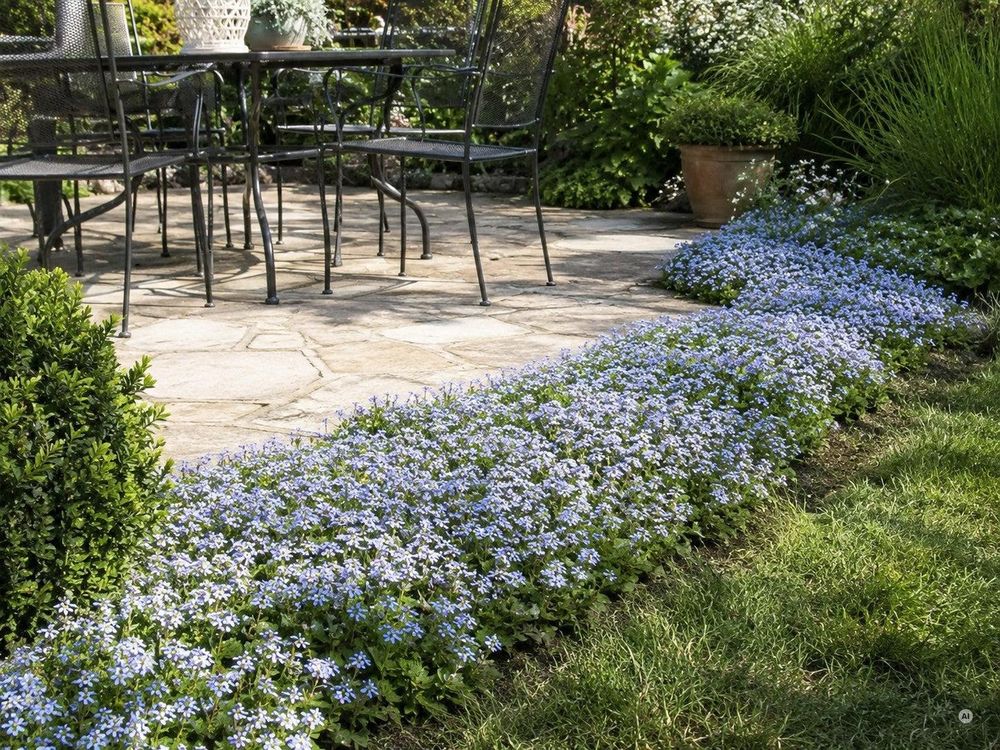 Blauer Bubikopf säumt Terrassenrand mit blauen Blüten