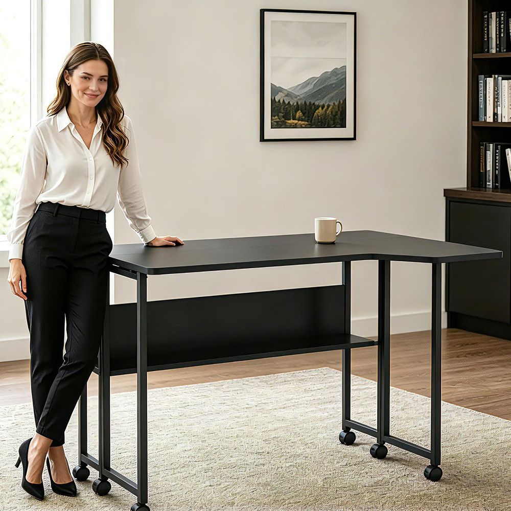 Klappschreibtisch / Beistelltisch Maclean schwarz fahrbar 100 x 73 cm max. 50 kg eckig L-Form MC-126 L/B