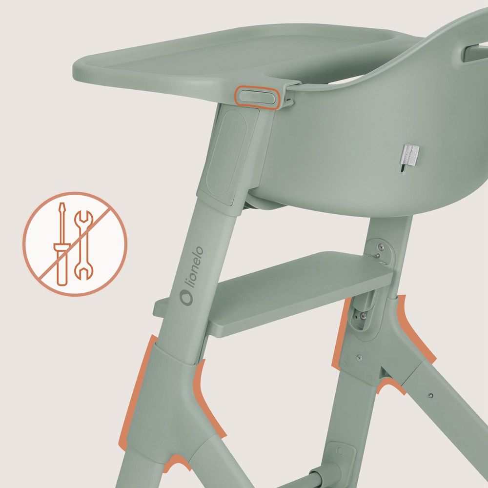 Lionelo Beny Baby Hochstuhl mit 3-Punkt-Gurt, verstellbarem Tablett & Fußstütze, platzsparend, 6–36 Monate bis 15 kg - Grün