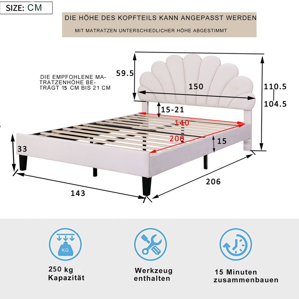 Flieks Polsterbett mit Blumenform-Kopfteil und Lattenrost Doppelbett Kinderbett Samt 140x200cm