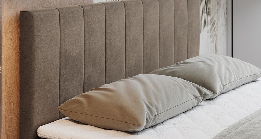 Vergrößern Sie das Kopfteil des Boxspringbettes, das Foto zeigt braun Stoff