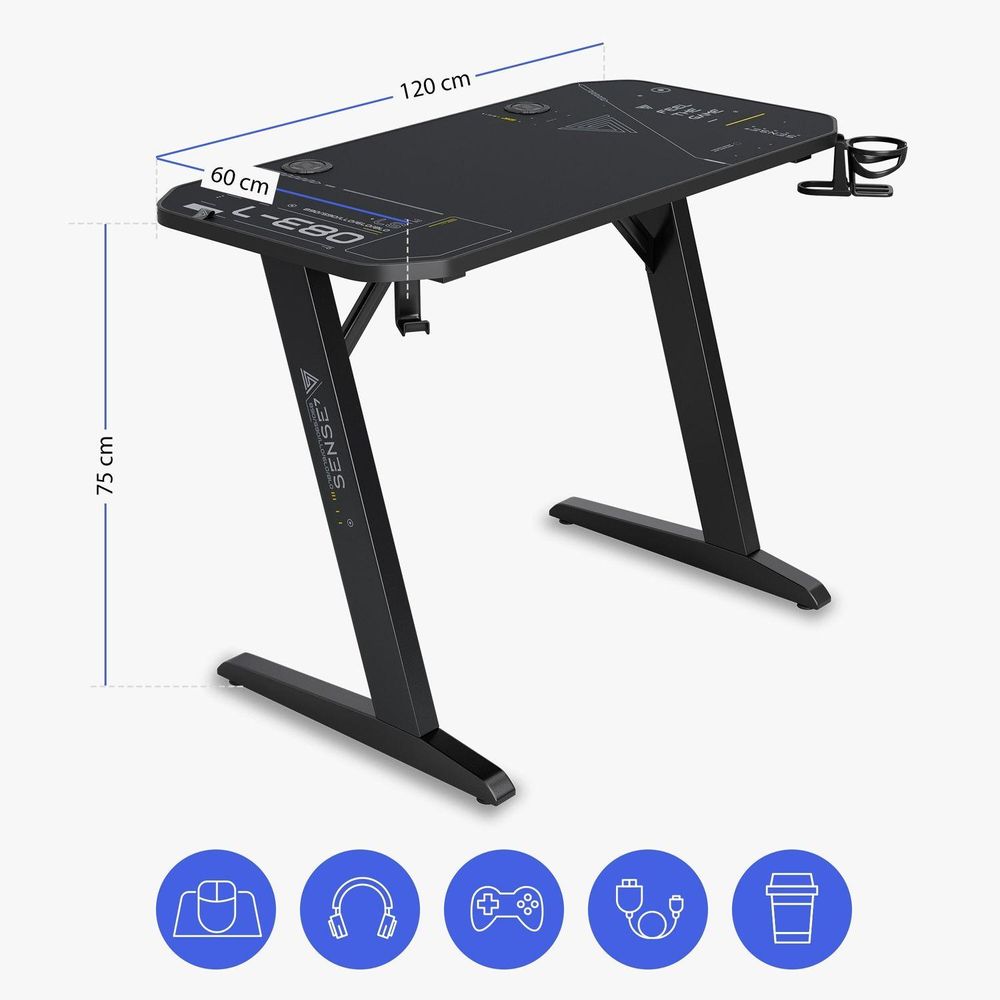 Stół do gier SENSE7 Nomad Classic – biurko 120 x 60 cm, w zestawie podkładka pod mysz XXL, stół komputerowy, stół do komputera, stół dla graczy, stół dla graczy, system zarządzania kablami, kolor czarny