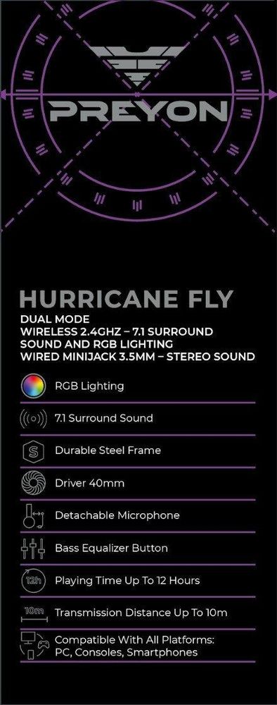 PREYON Hurricane Fly Kopfhörer Spielekopfhörer Gaming-Kopfhörer - Bandbreite 20 Hz – 20 kHz - Surround-Sound 7.1 und Impedanz von 32 Om - Kabel Mini Jack 3,5 und USB -
