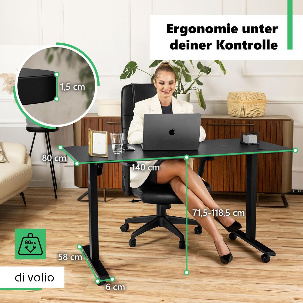 di volio Höhenverstellbarer Schreibtisch Rapalo - schwarz, 140 x 80 cm, Computertisch fürs Home-Office, elektrischer Bürotisch bis 80 kg belastbar