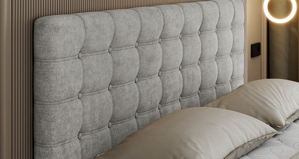Vergrößern Sie das Kopfteil des Boxspringbettes, das Foto zeigt grau Stoff