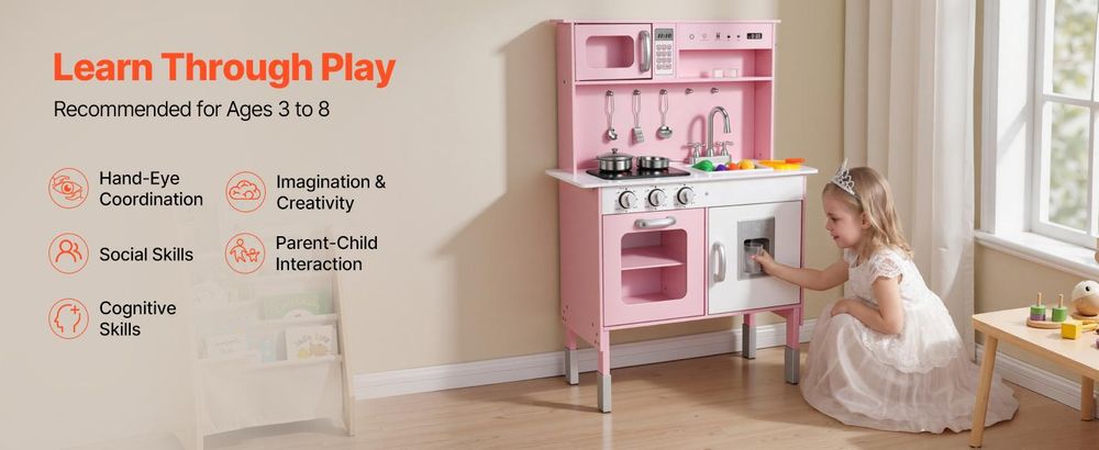 VEVOR Spielküche für Kinder, Holz, Kinderküchen-Spielset mit echten Lichtern & Geräuschen, Lebensmittel- & Kochgeschirr-Zubehör, Rollenspiel-Spielset, Spüle, Ofen, Herd, Schrank, für Kleinkinder, Mädchen & Jungen im Alter von 3-8 Jahren, 7-8 Funktionen