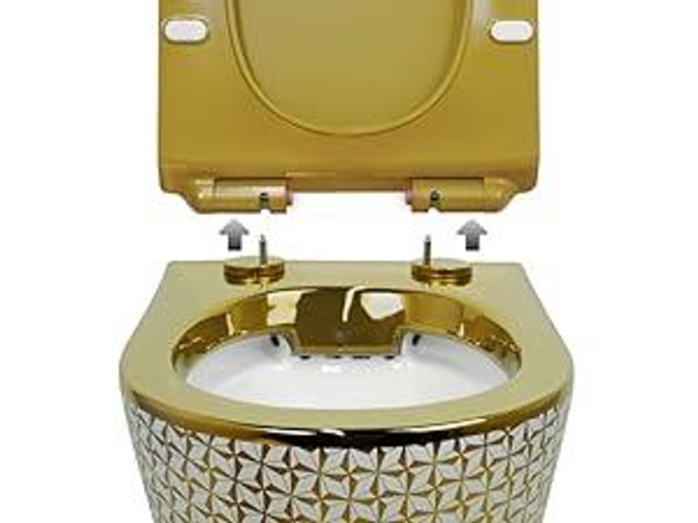 LAVITA Wand-WC Sofi Slim Golden Never Die | HŠnge Toilette | Toilettendeckel mit Absenkautomatik & Metallscharniere | Toiletten SpŸlrandlos HŠngend | Toilettenbecken | 365x490x395 cm | Gold/Wei§