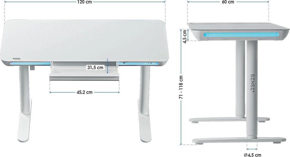 SENSE7 NOMO Biurko z regulacją wysokości, elektryczne, 120 x 60 cm, białe, szklane, biurko komputerowe, biurko do gier, biurko do pracy na stojąco, pamięć, oświetlenie LED, szuflada, USB, ergonomiczne