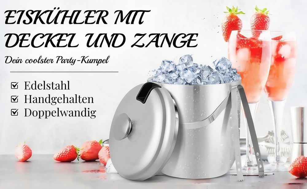 Eiskübel Edelstahl Eisgefäße mit Deckel und Zange, 1,2 L Doppelwand-Eiseimer Eisbehälter, zum Kühlen von Bier, Champagner, Getränke, Weinflaschen usw.