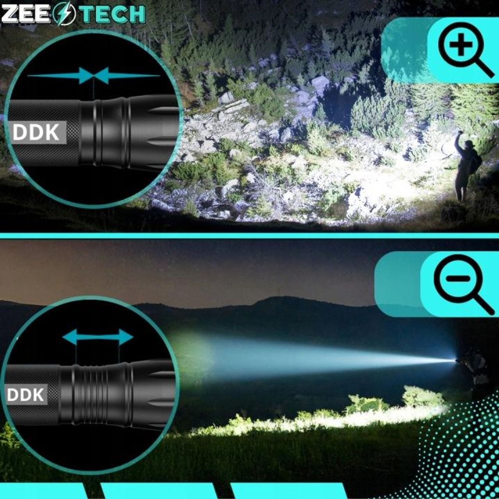 Starke Taschenlampe, Reichweite 800 m, LED mit Zoom, militärisch, wasserdicht, akkubetrieben