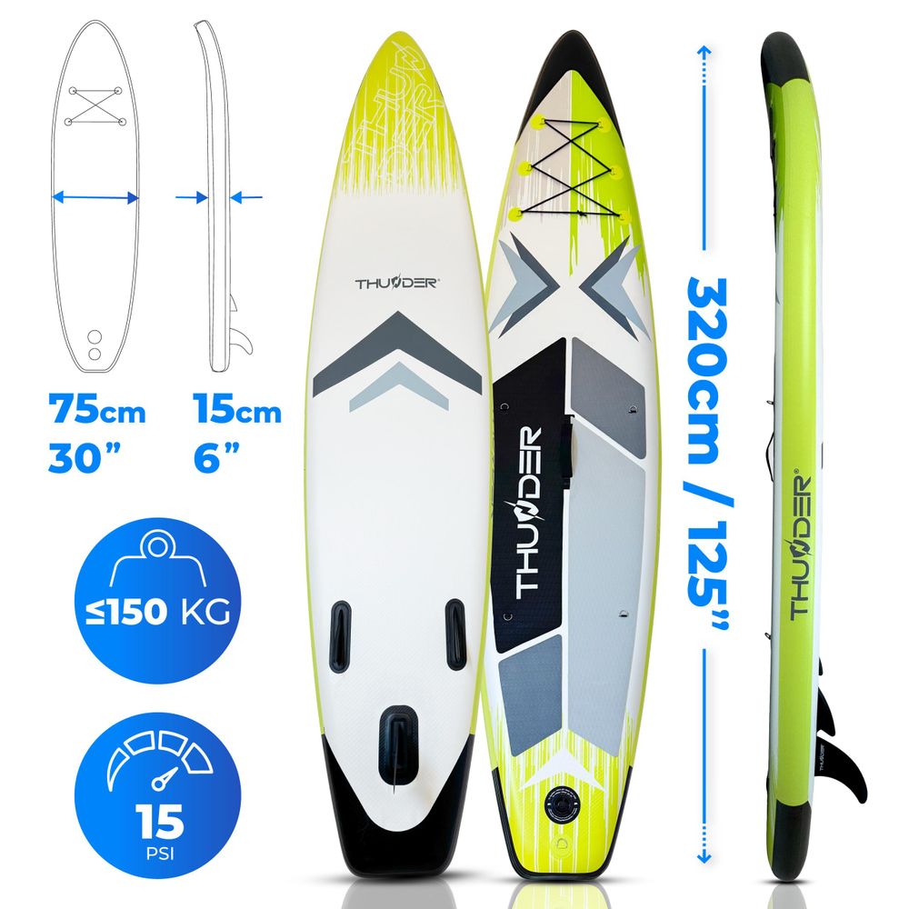 THUNDER® Stand Up Paddle Board | VELA | 320x75x15cm | Lime | Bis 150kg | Komplettset | Aufblasbar | Paddleboard | SUP Zubehöre | Kajak Sitz |